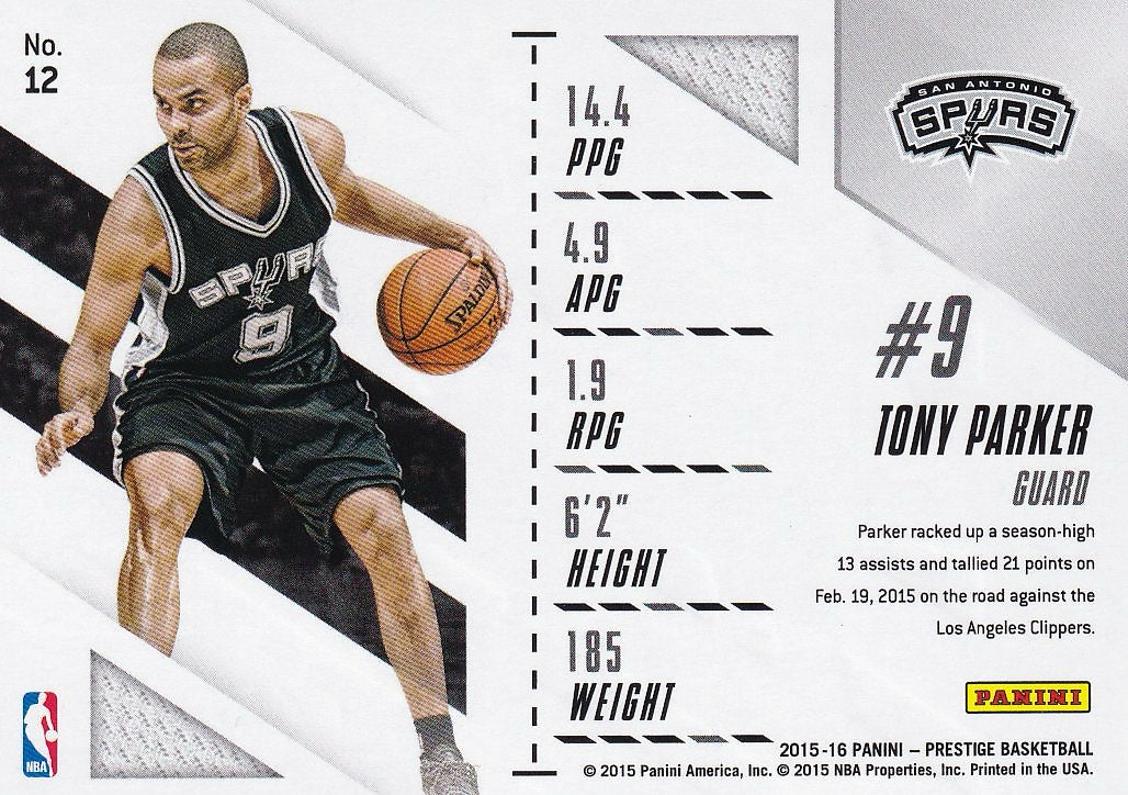 2015-16 Panini Prestige Basketball Prestigious Pros #12 Tony Parker San Antonio Spurs,