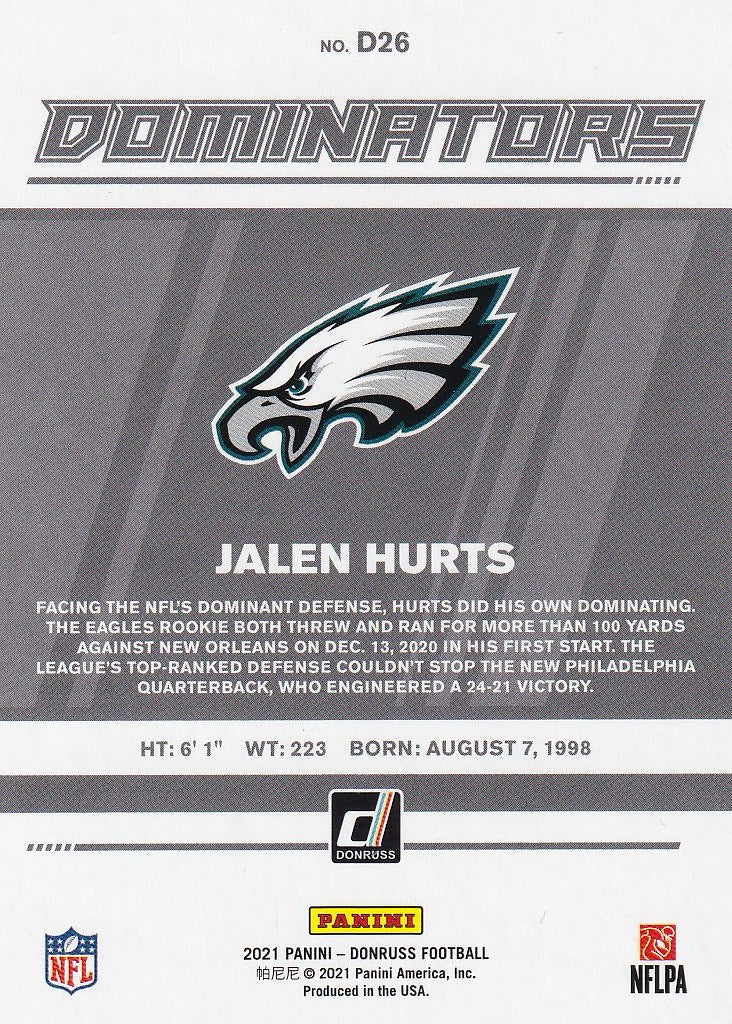 2021 Donruss Football Dominators #D26 Philadelphia Eagles, Jalen Hurts