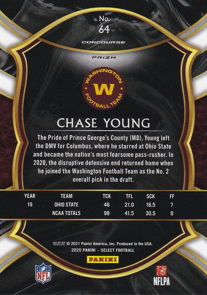 2020 Panini Select Football - Base Silver Prizm #64 Washington Football Team, Chase Young