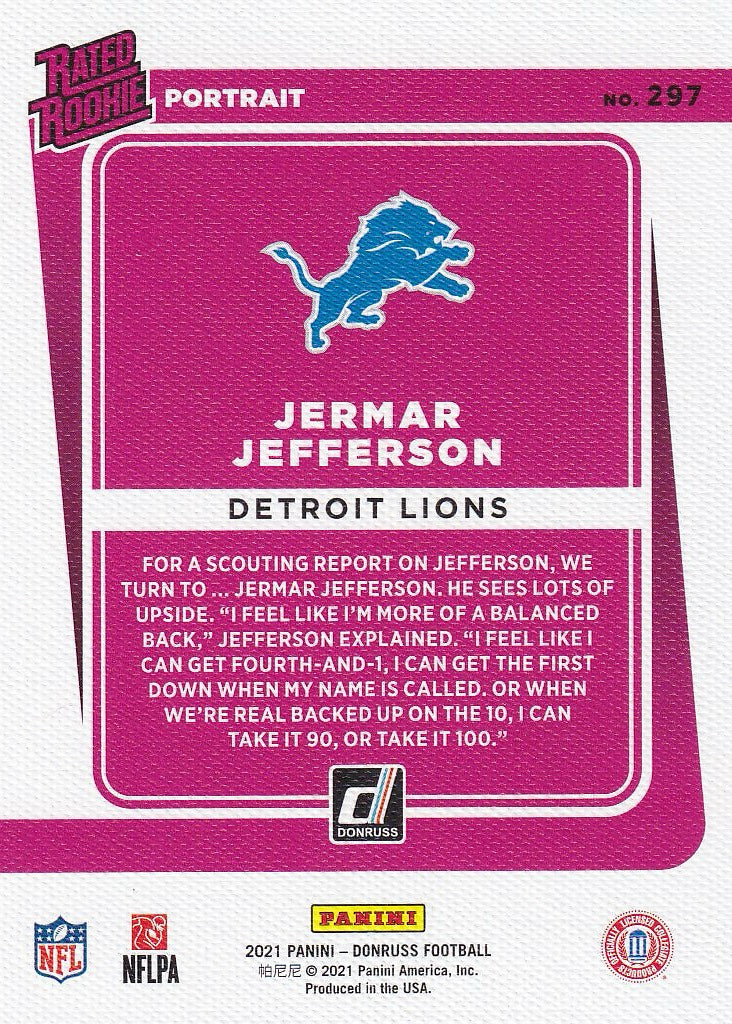 2021 Donruss Football Rated Rookies Portrait #297 Detroit Lions, Jermar Jefferson