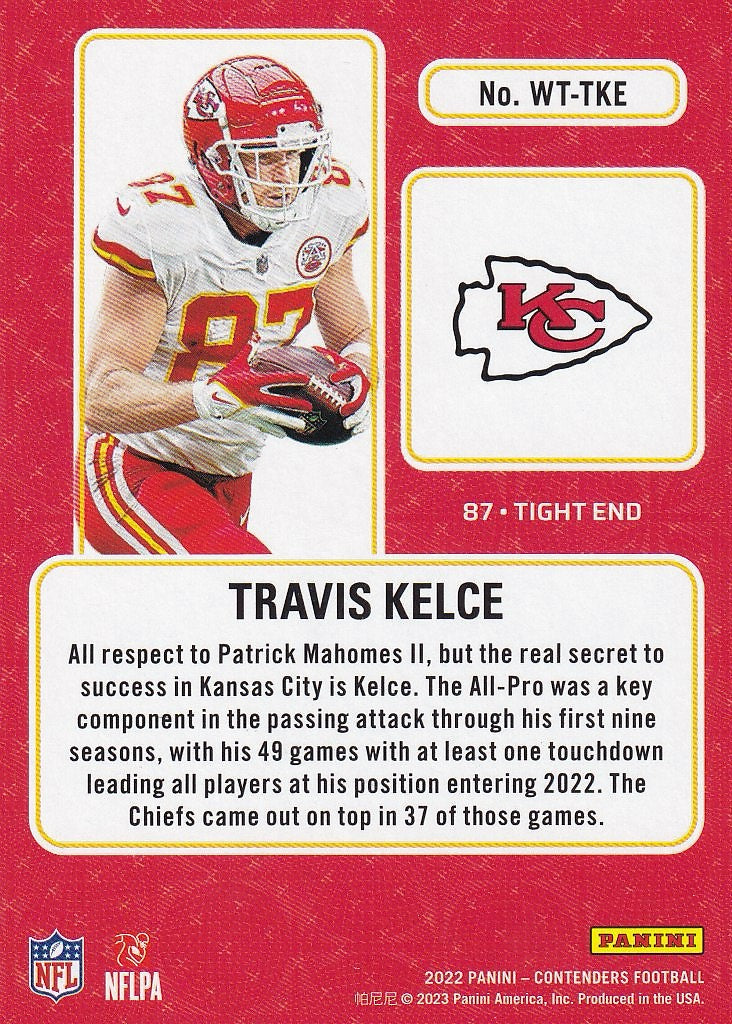 2022 Panini Contenders Football Winning Ticket #WT-TKE Kansas City Chiefs, Travis Kelce