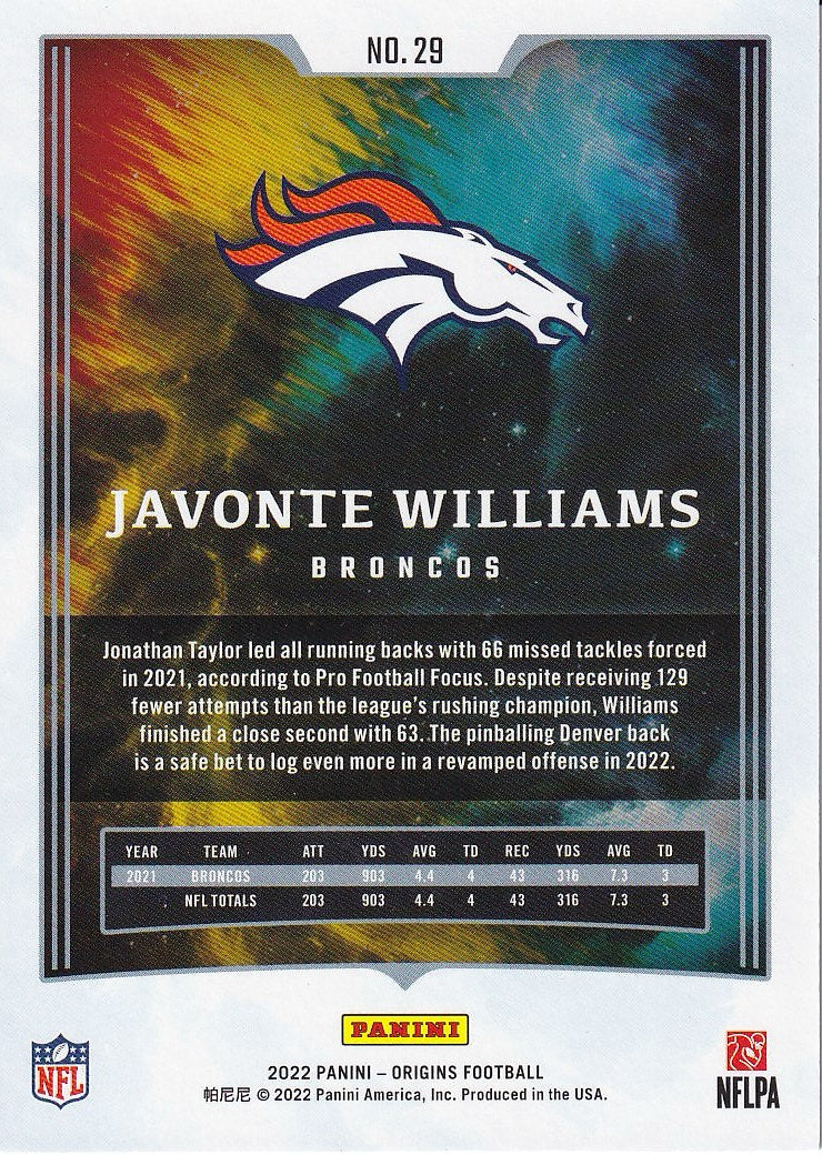 2022 Panini Origins Football - Base Red #/299 #29 Denver Broncos, Javonte Williams