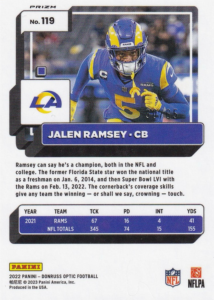 2022 Donruss Optic Football - Base Electricity #/65 #119 Los Angeles Rams, Jalen Ramsey