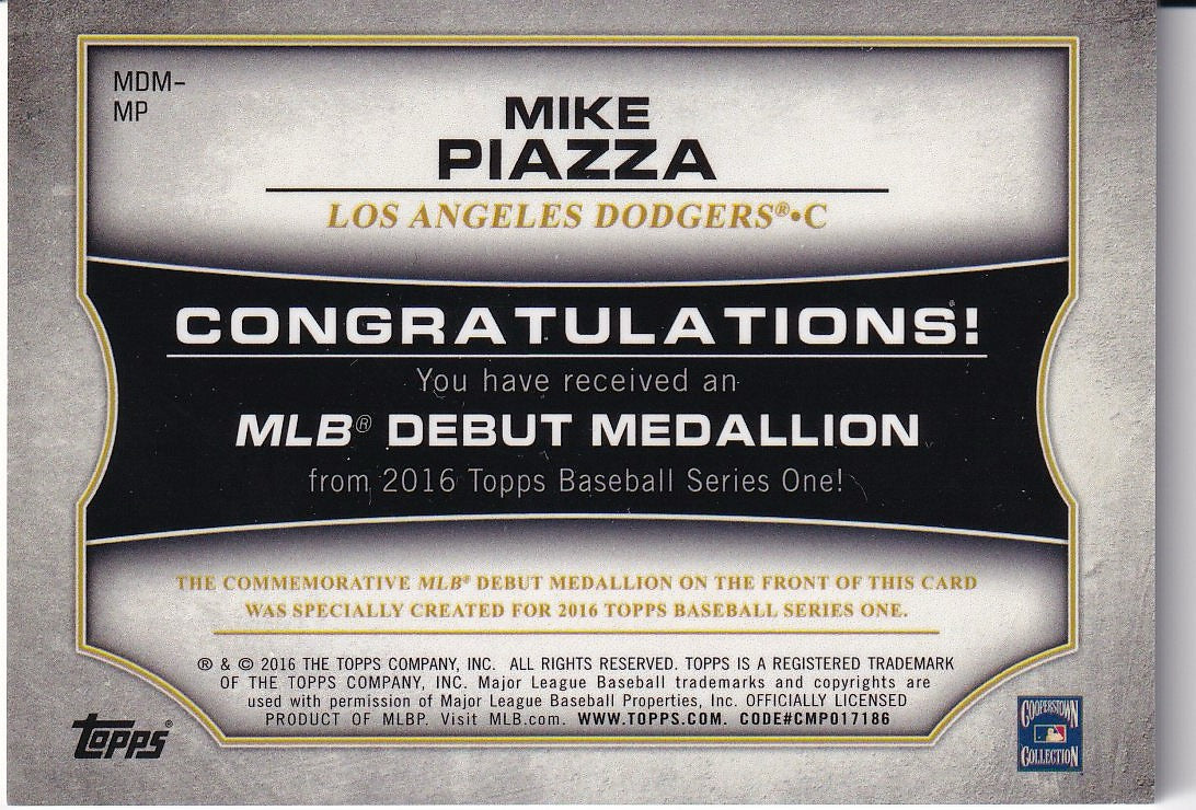 2016 Topps Baseball MLB Debut Medallion (Series 1) #MDM-MP Los Angeles Dodgers, Mike Piazza