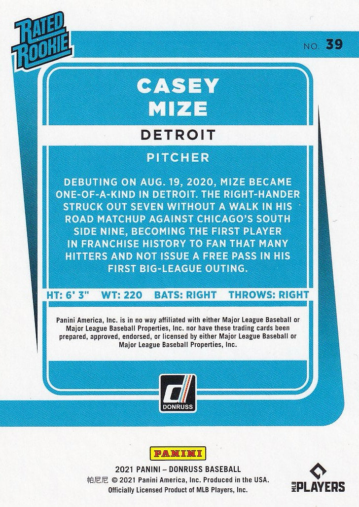 2021 Donruss Baseball - Base #39 Detroit Tigers, Casey Mize
