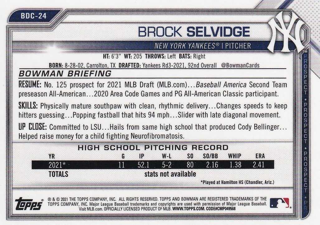 2021 Bowman Draft Baseball Chrome Black & White RayWave Refractor #BDC-24 New York Yankees, Brock Selvidge