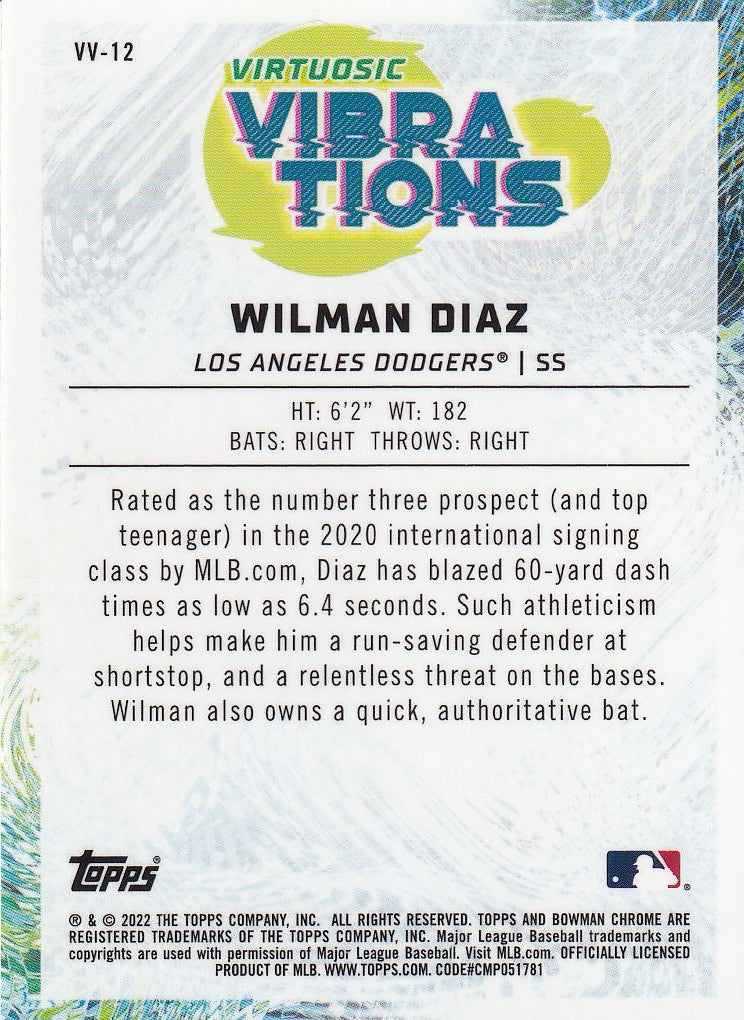 2022 Bowman Baseball Virtuosic Vibrations #VV-12 Los Angeles Dodgers, Wilman Diaz