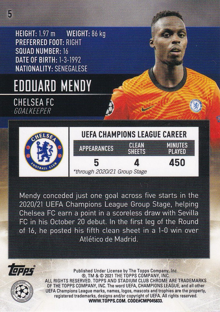 2020-21 Topps Stadium Club Chrome UCL - Base Orange Refractor #5 Edouard Mendy