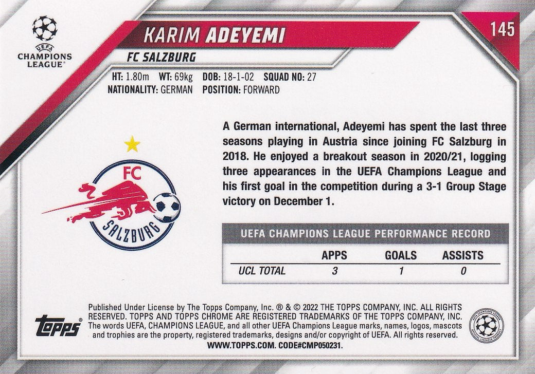 2021-22 Topps Chrome UEFA Champions League - Base #145 Karim Adeyemi