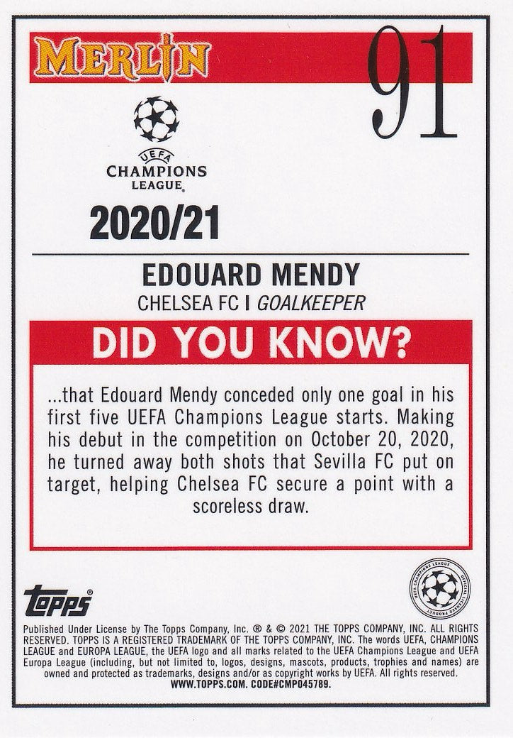 2020-21 Topps Merlin Collection Chrome UCL - Base Aqua Prism Refractor #91 Edouard Mendy