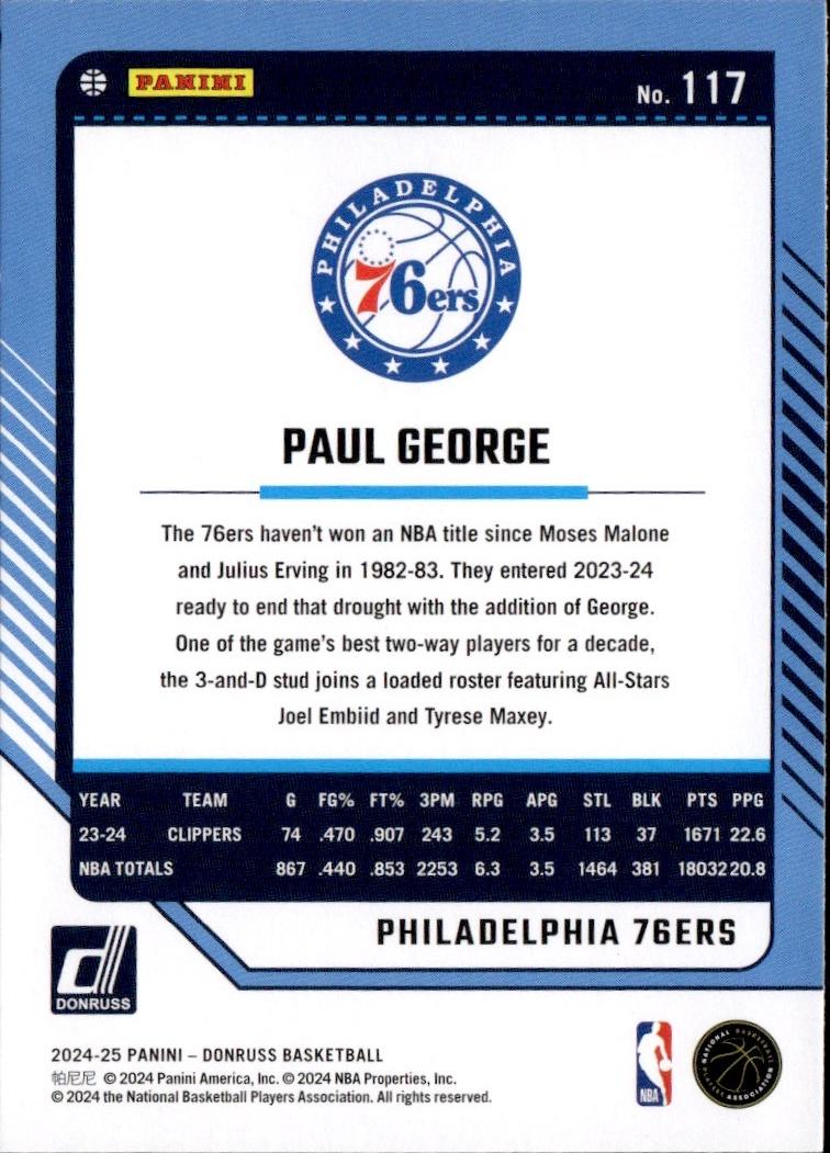 2024-25 Donruss Basketball - Base #117 Philadelphia 76ers, Paul George