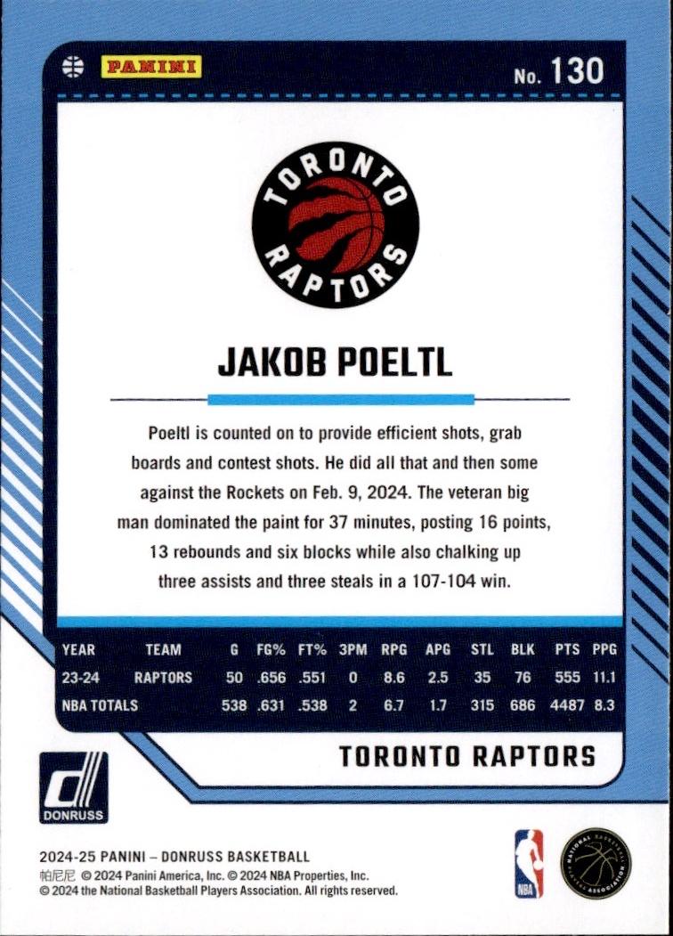 2024-25 Donruss Basketball - Base #130 Toronto Raptors, Jakob Poeltl