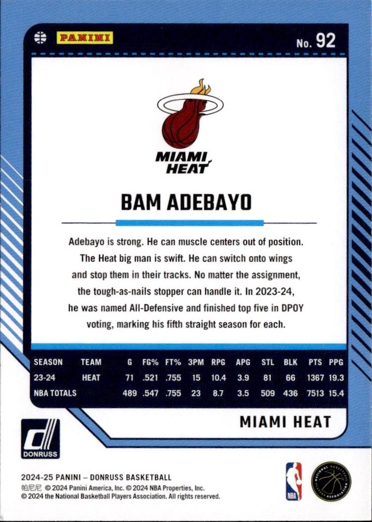 2024-25 Donruss Basketball - Base #92 Miami Heat, Bam Adebayo