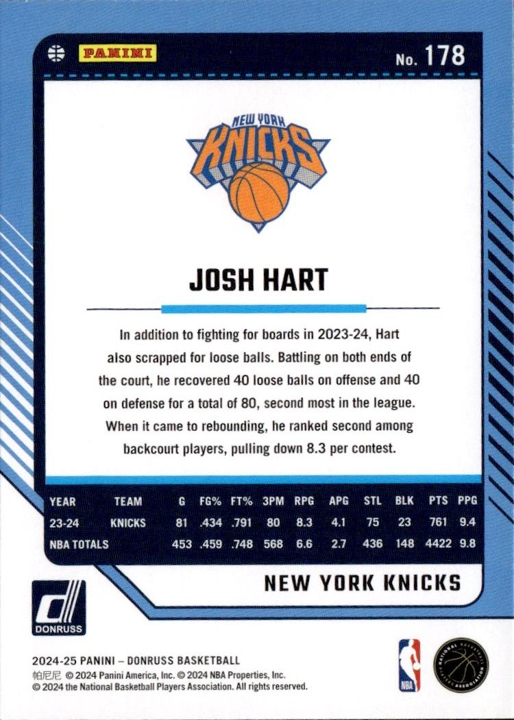 2024-25 Donruss Basketball - Base #178 New York Knicks, Josh Hart