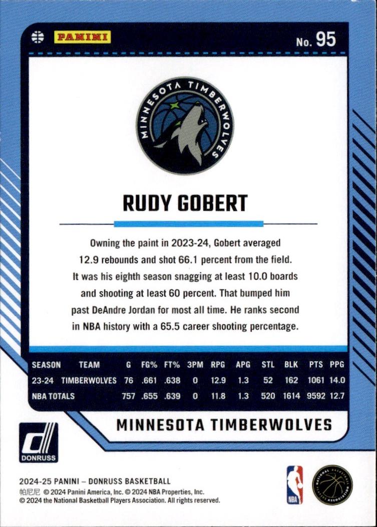 2024-25 Donruss Basketball - Base #95 Minnesota Timberwolves, Rudy Gobert