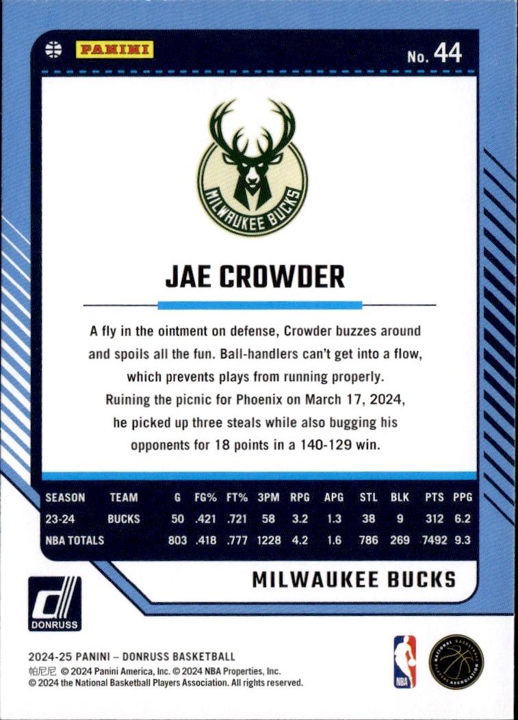 2024-25 Donruss Basketball - Base #44 Milwaukee Bucks, Jae Crowder