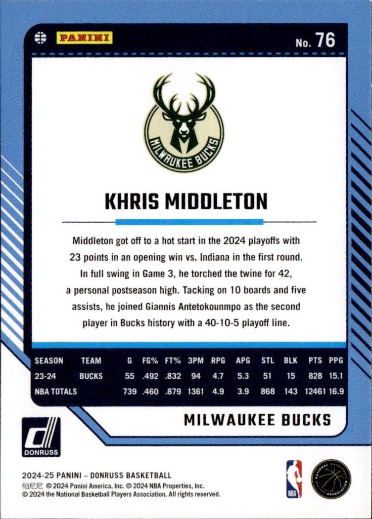 2024-25 Donruss Basketball - Base #76 Milwaukee Bucks, Khris Middleton
