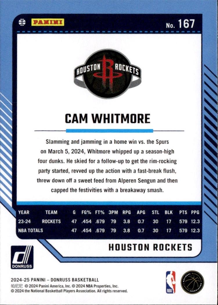2024-25 Donruss Basketball - Base #167 Houston Rockets, Cam Whitmore