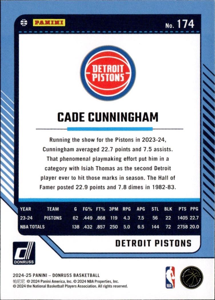 2024-25 Donruss Basketball - Base #174 Detroit Pistons, Cade Cunningham