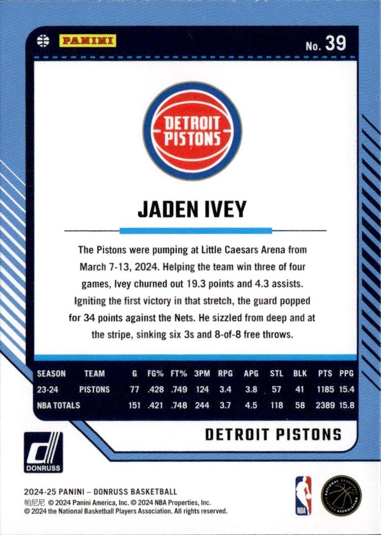 2024-25 Donruss Basketball - Base #39 Detroit Pistons, Jaden Ivey