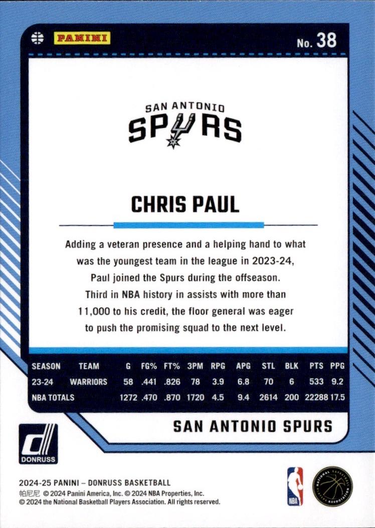2024-25 Donruss Basketball - Base #38 San Antonio Spurs, Chris Paul