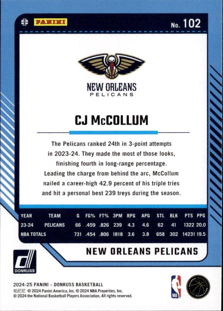 2024-25 Donruss Basketball - Base #102 New Orleans Pelicans, CJ McCollum