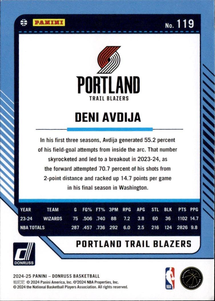 2024-25 Donruss Basketball - Base #119 Portland Trail Blazers, Deni Avdija