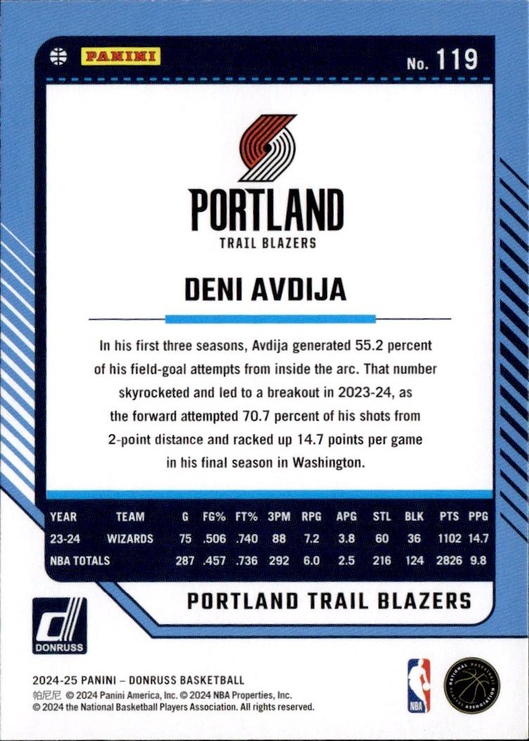2024-25 Donruss Basketball - Base #119 Portland Trail Blazers, Deni Avdija