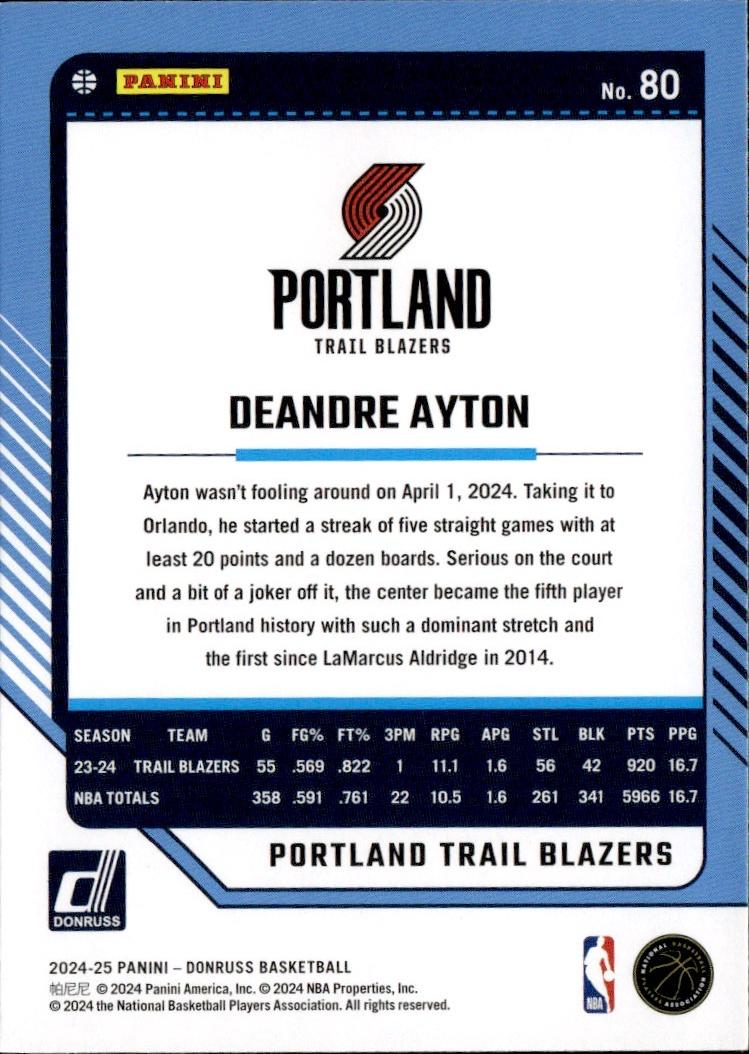 2024-25 Donruss Basketball - Base #80 Portland Trail Blazers, Deandre Ayton