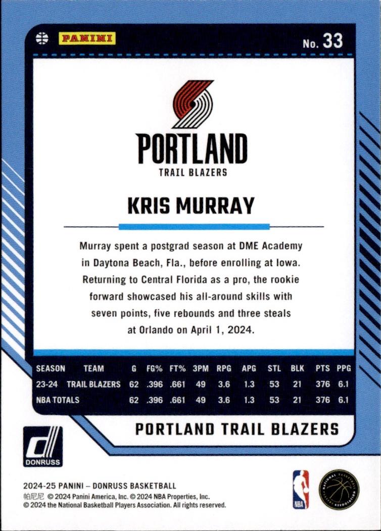 2024-25 Donruss Basketball - Base #33 Portland Trail Blazers, Kris Murray
