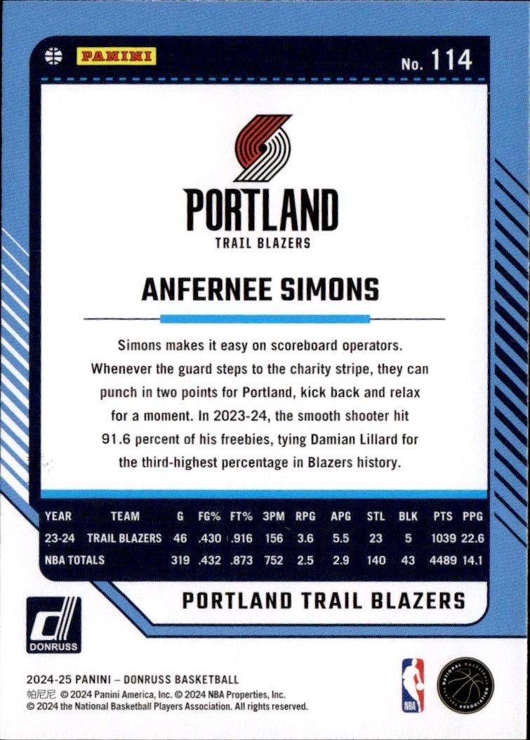 2024-25 Donruss Basketball - Base #114 Portland Trail Blazers, Anfernee Simons