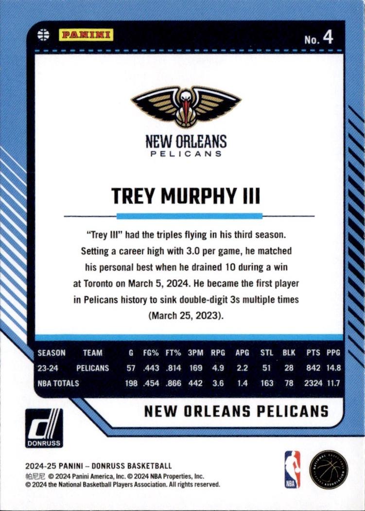 2024-25 Donruss Basketball - Base Holo Green Laser #4 New Orleans Pelicans, Trey Murphy III