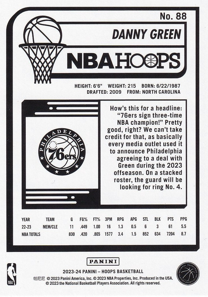 2023-24 Hoops Basketball - Base Hyper Blue #88 Philadelphia 76ers, Danny Green