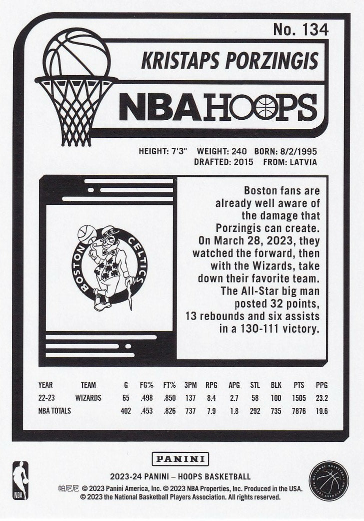 2023-24 Hoops Basketball - Base Hyper Blue #134 Boston Celtics, Kristaps Porzingis