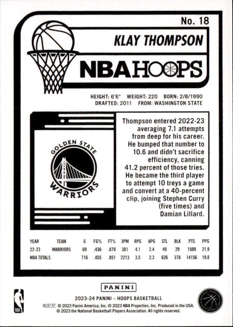2023-24 Hoops Basketball - Base #18 Golden State Warriors, Klay Thompson