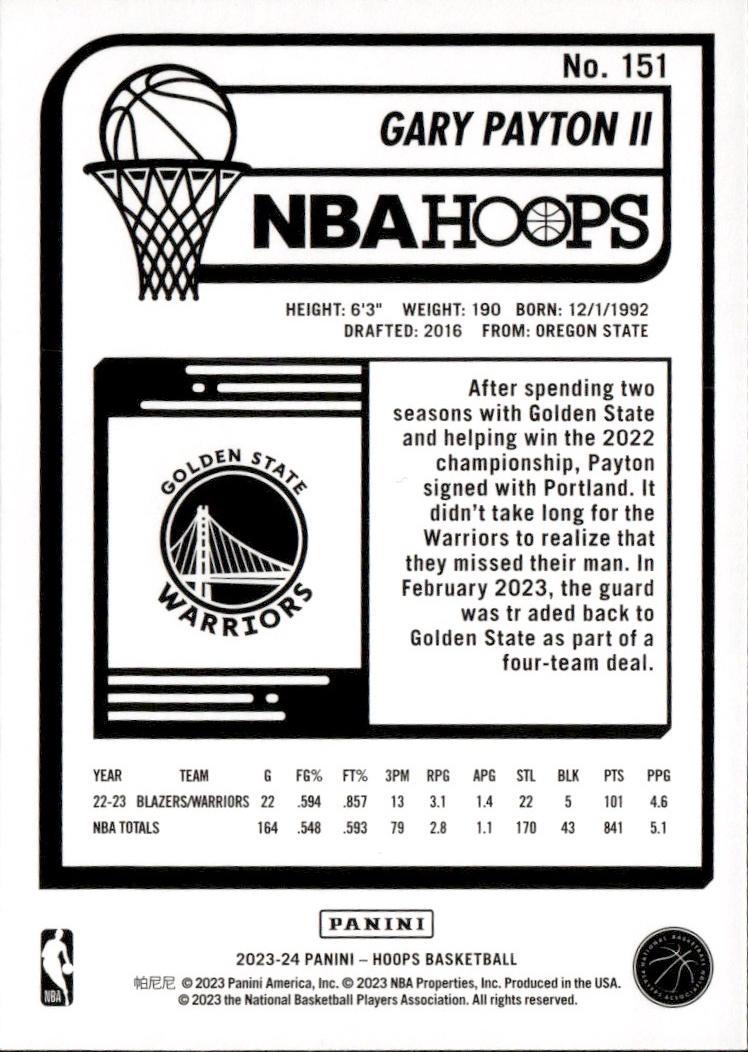 2023-24 Hoops Basketball - Base #151 Golden State Warriors, Gary Payton II