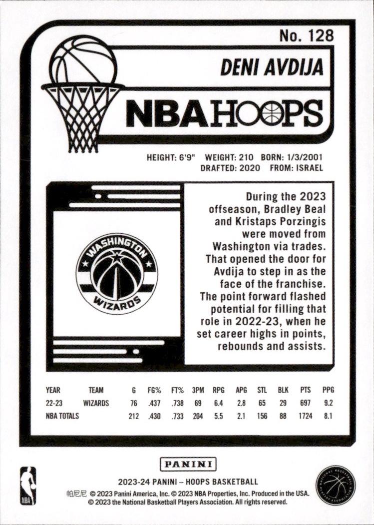 2023-24 Hoops Basketball - Base #128 Washington Wizards, Deni Avdija