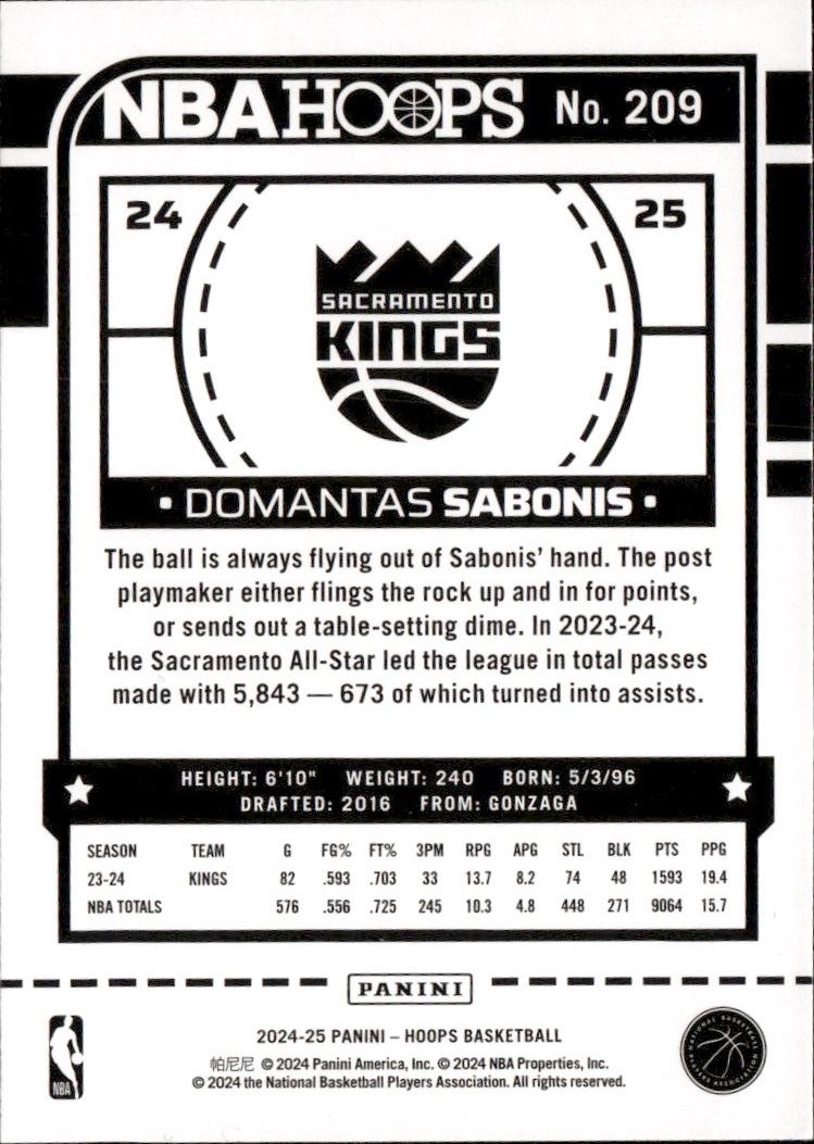 2024-25 Hoops Basketball - Base #209 Sacramento Kings, Domantas Sabonis