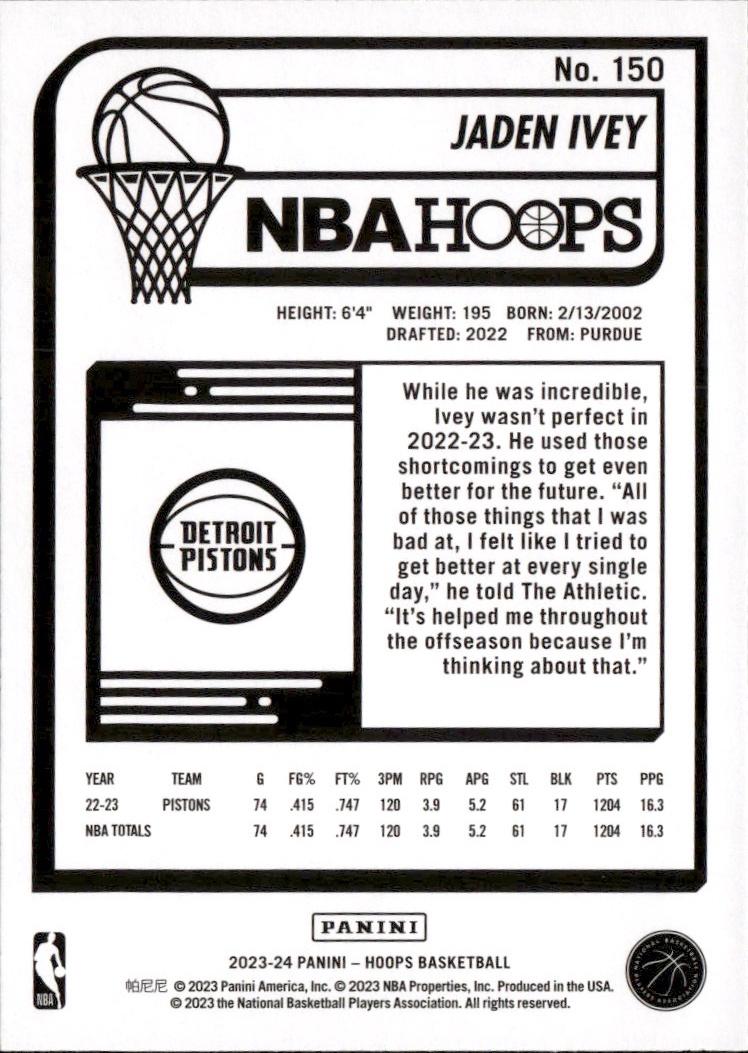 2023-24 Hoops Basketball - Base #150 Detroit Pistons, Jaden Ivey