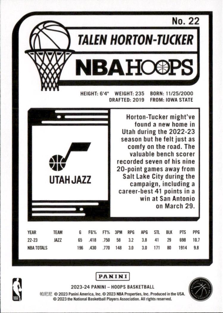 2023-24 Hoops Basketball - Base #22 Utah Jazz, Talen Horton-Tucker