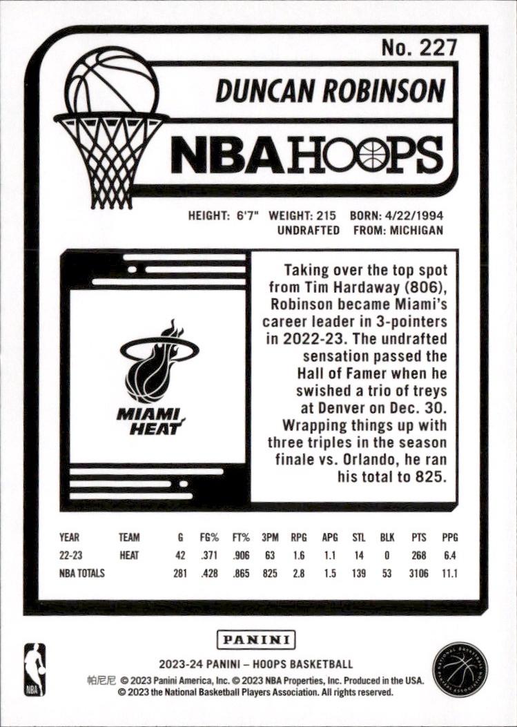 2023-24 Hoops Basketball - Base #227 Miami Heat, Duncan Robinson