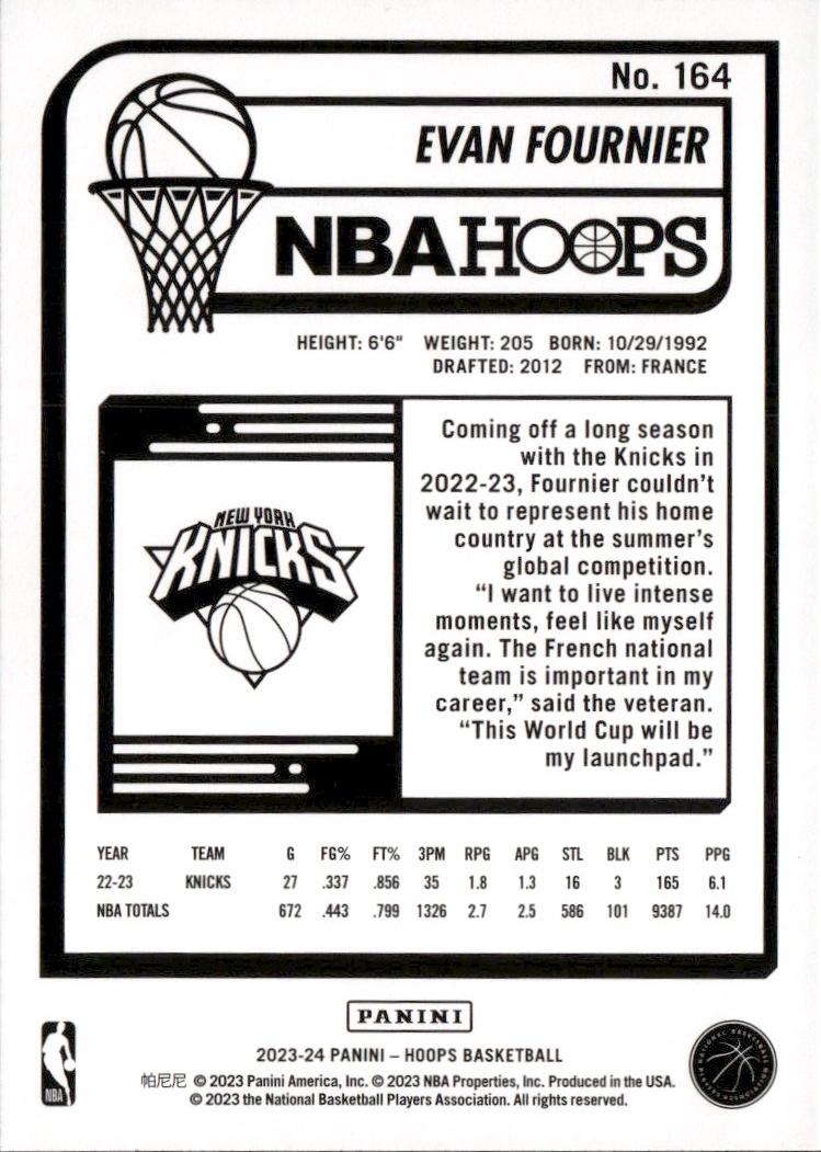 2023-24 Hoops Basketball - Base #164 New York Knicks, Evan Fournier