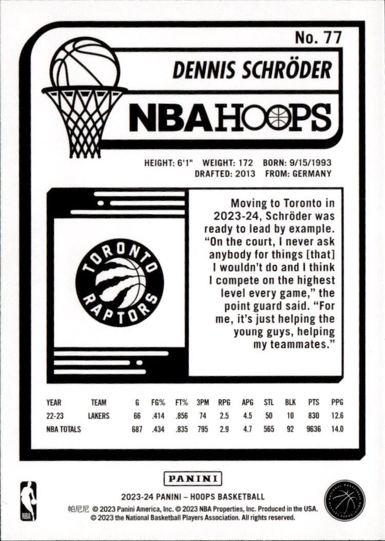 2023-24 Hoops Basketball - Base #77 Toronto Raptors, Dennis Schroder