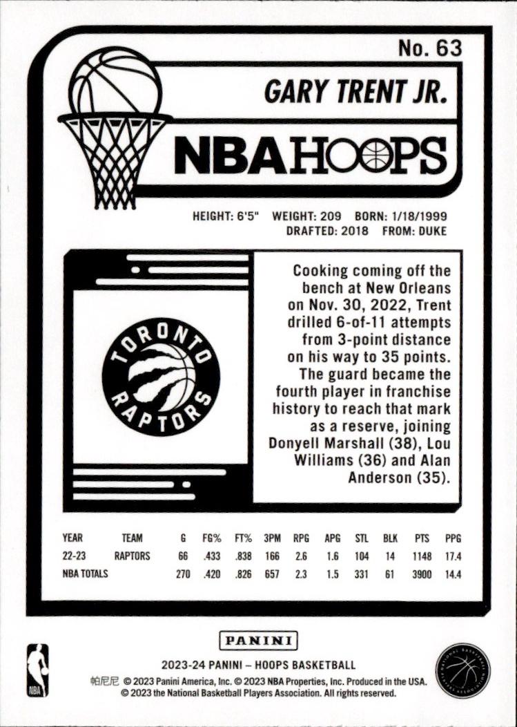 2023-24 Hoops Basketball - Base #63 Toronto Raptors, Gary Trent Jr.