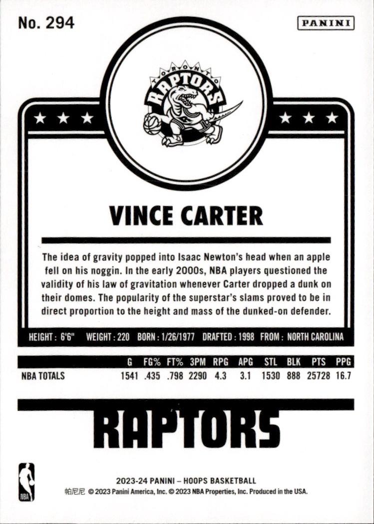 2023-24 Hoops Basketball - Base #294 Toronto Raptors, Vince Carter