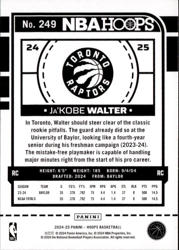 2024-25 Hoops Basketball - Base #249 Toronto Raptors, Ja'Kobe Walter