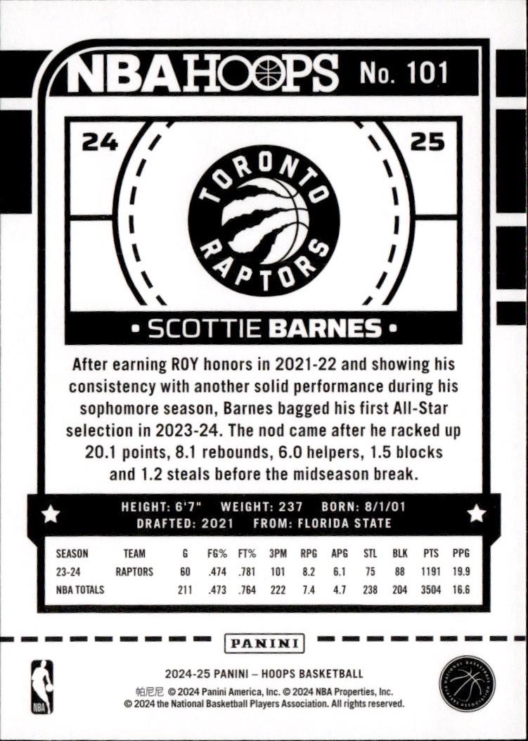 2024-25 Hoops Basketball - Base #101 Toronto Raptors, Scottie Barnes