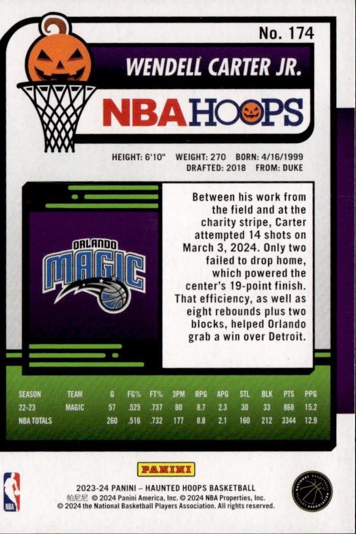 2023-24 Hoops Haunted Hoops Basketball - Base Slime #174 Orlando Magic, Wendell Carter Jr.
