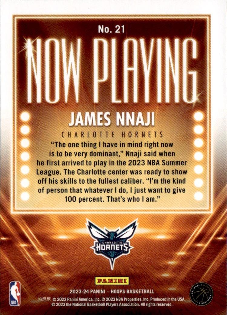 2023-24 Hoops Basketball -Now Playing #21 Charlotte Hornets, James Nnaji