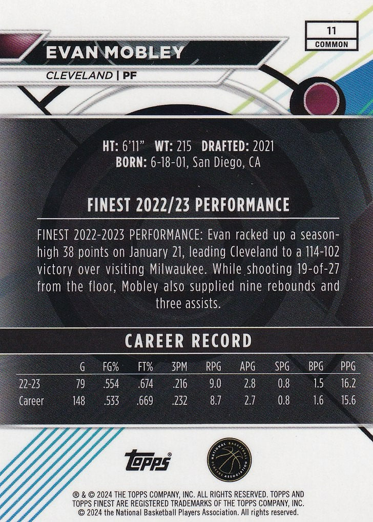 2023-24 Finest Basketball - Base #11 Cleveland Cavaliers, Evan Mobley